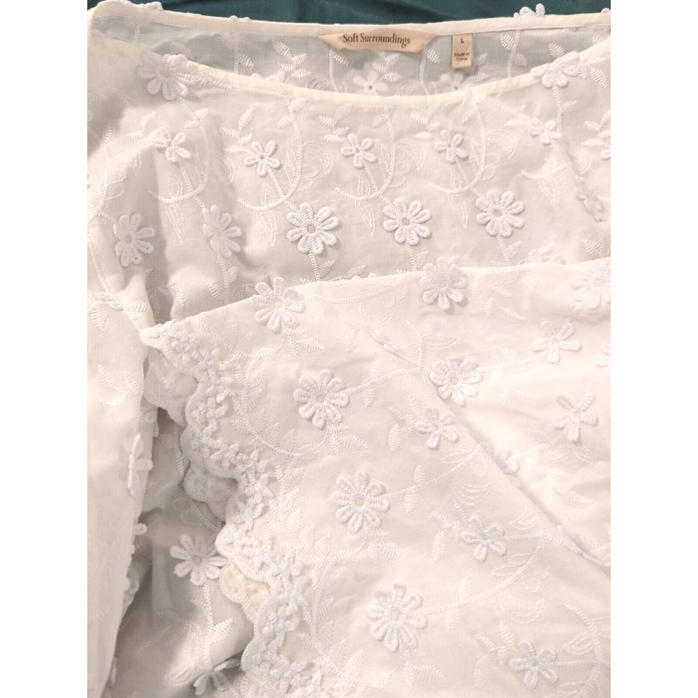 Soft Surroundings Blouse Tunic L Embroidered White Bishop Sleeves Boho Chic Glam - Picture 5 of 12